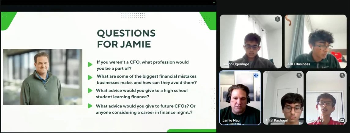 The ABLE Business interview in progress: the "Questions for Jamie" slide alongside Jamie Nau and the students on the call