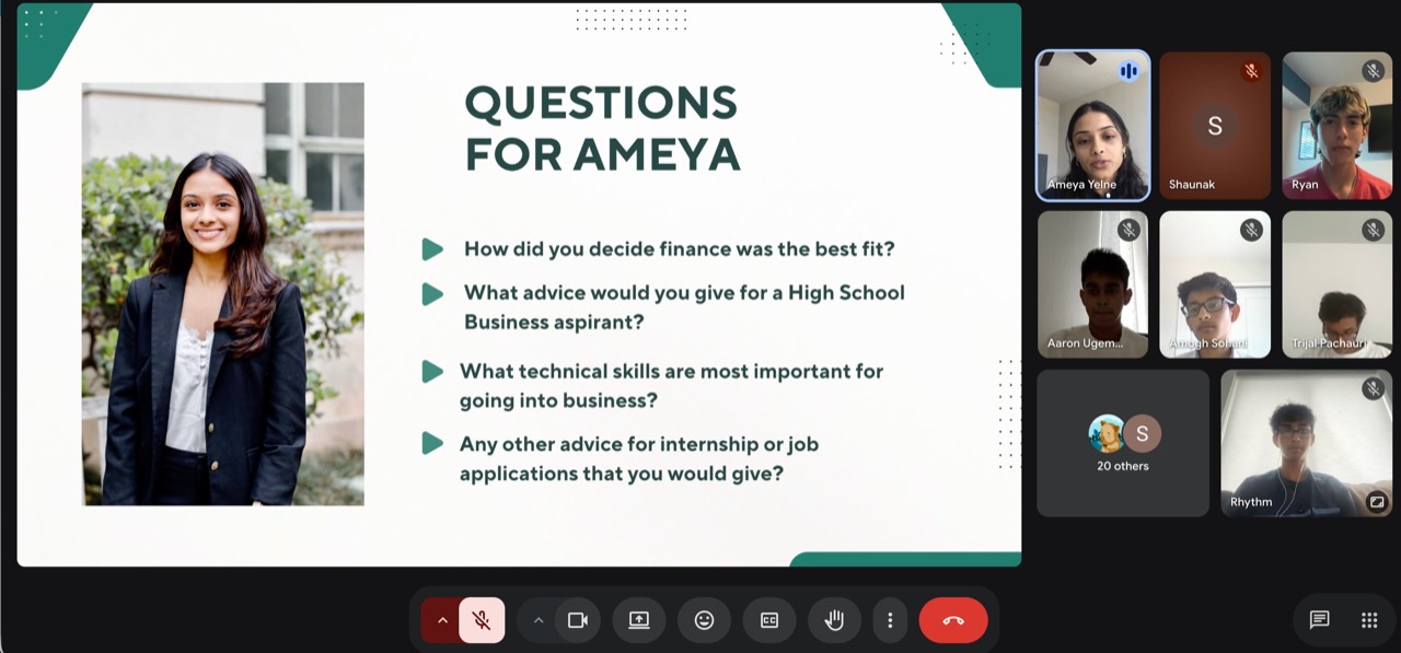 Slide of questions put to Ameya Yelne during the Exploring Business Majors Webinar